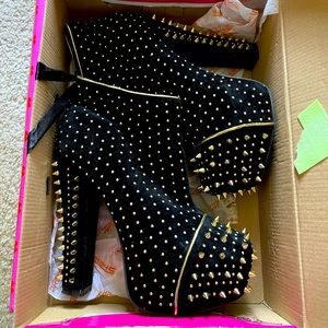 Black Velvet Gold Studded Platform Booties